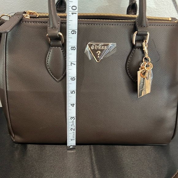 Guess | Chocolate Brown Faux Pebble Leather Satchel w/Iconic Logo Bag Charm - Picture 16 of 17